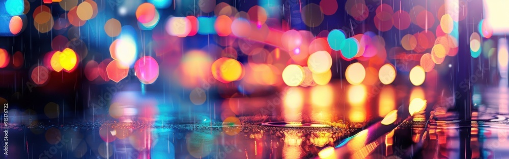 Poster a wet city street is illuminated by colorful streetlights reflecting in puddles of rainwater. the li