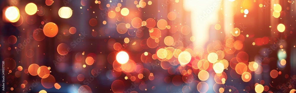 Poster a blurry, out-of-focus photo captures the warm glow of urban lights at dusk. the image is composed p