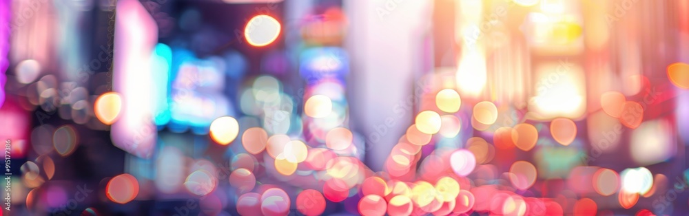 Poster a blurry image of a city street at night, with bright lights from signs and traffic creating a vibra