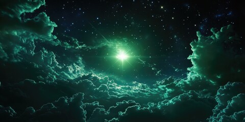 Bright Green Star in Night Sky