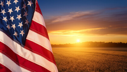 Majestic Sunrise Over an United States Flag Waving in the Foreground, Patriotic Themed Background Banner with Copy Space For Political Topics USA Flag Colors Presidential Election Vote