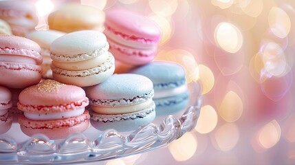 macarons elegantly displayed on a glass tray. Pastel colors