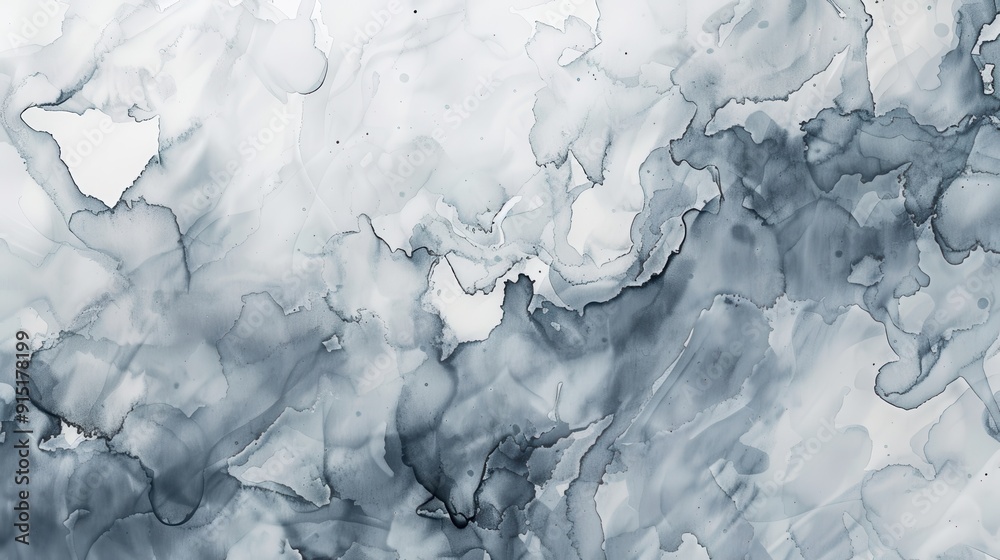 Poster Abstract gray ink swirls and patterns on white paper, creating a unique and mesmerizing background. The ink has spread and bled, leaving a soft and ethereal effect.