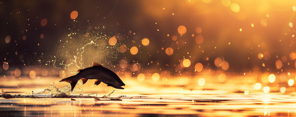 Fish jumping out of water at sunset with golden bokeh.