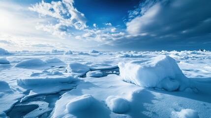 Obraz premium The expansive Arctic landscape is covered in shimmering snow and ice, under a sky filled with ominous clouds and bright sunlight, capturing a tranquil winter atmosphere