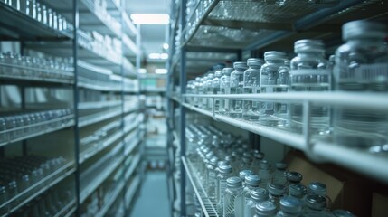 Shelves lined with glass jars in a well-organized laboratory storage room, creating a sense of precision and scientific focus.