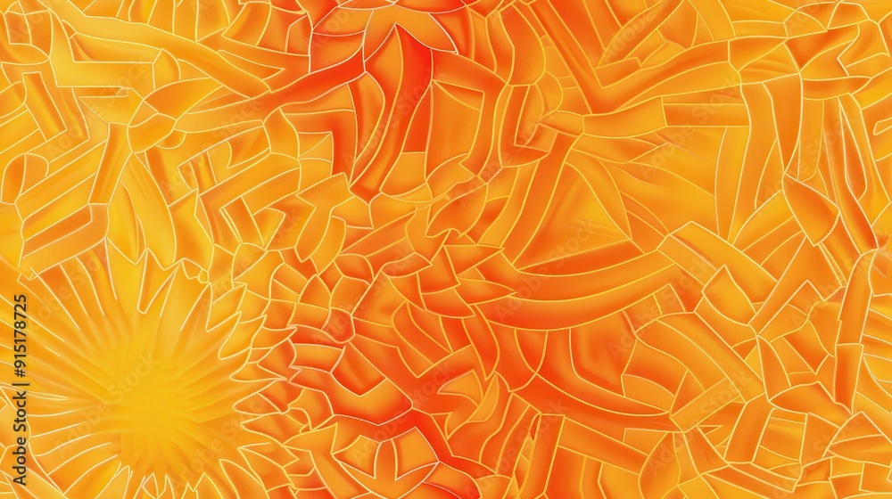 Poster a geometric pattern of orange and yellow stained glass shapes creates a vibrant abstract background.