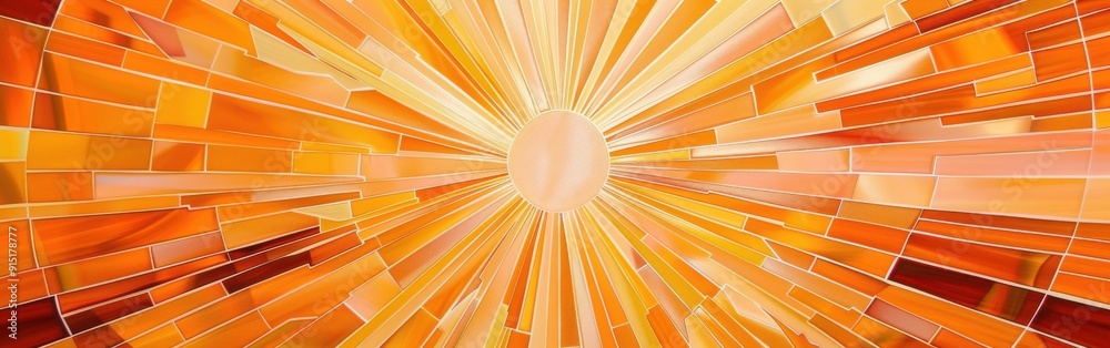 Poster An abstract, artistic mosaic design features a radial pattern of orange and yellow tiles with a bright white center. The pattern resembles a sunburst and creates a sense of energy and warmth.