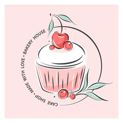 Cake shop logo. Сake or cupcake and berries. Vector illustration for menu, recipe book, baking shop.