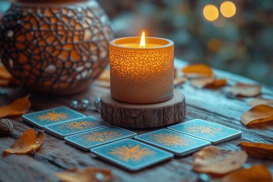 Lit candle and tarot cards on a wooden table with autumn decor and soft lighting