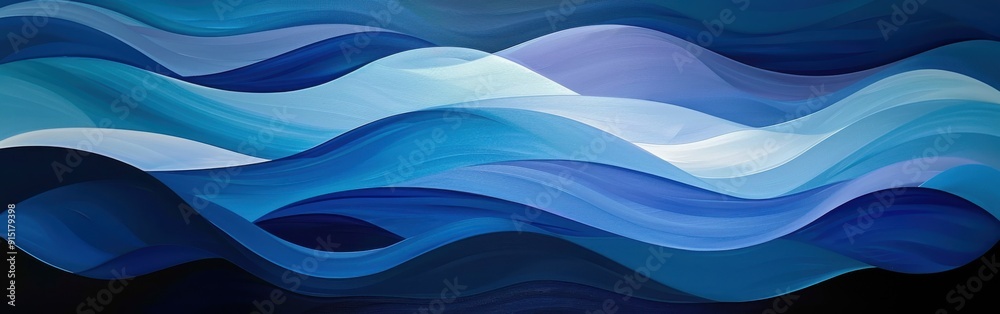 Poster the image features an abstract painting with shades of blue, from deep indigo to light aqua. the wav