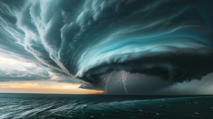 Icredible supercell with lightning and dust storm spinning across water in ocean, sky full of dark storm clouds