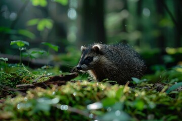 A soft mammal with long fur nestled in a verdant forest