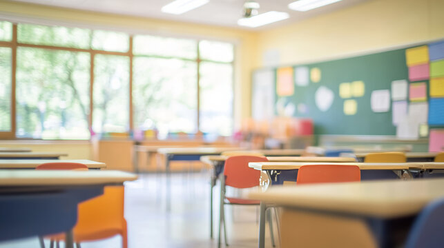 Bright, empty classroom with colorful chairs, desks, and a green chalkboard, ready for students.