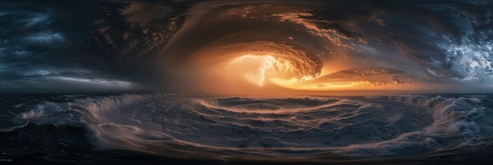 Icredible, huge whirlpool in ocean, sea bellow supercell with lightning and dust storm spinning in sky full of dark storm clouds
