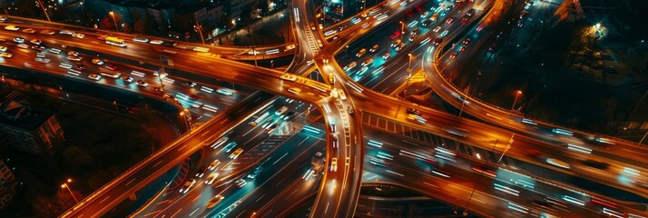 Timelapse of traffic at night. Dynamic transport or road clover transfer concept from aerial view