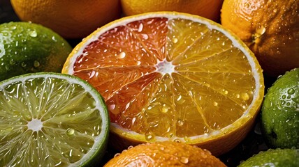 Juicy and Vibrant: Fresh Citrus Fruits with Glistening Water Droplets