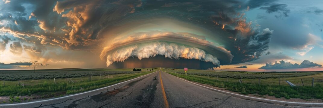 Icredible supercell spinning across road before small city, sky full of dark storm clouds