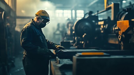 Obraz premium A focused worker operating machinery in a dimly lit industrial setting, highlighting dedication and craftsmanship in manufacturing.