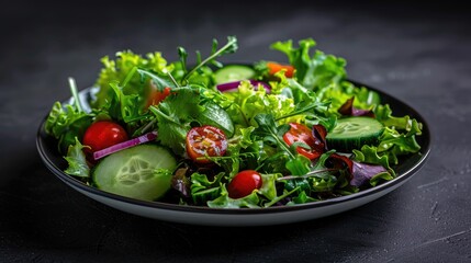 Fresh green salad, mixed greens, cherry tomatoes, cucumbers, light vinaigrette.