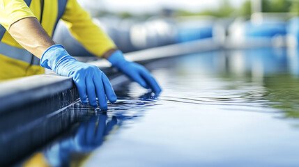 Gloved Hands Inspecting Water at Treatment Facility, Recirculatory aquaculture system Tanks