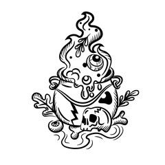 Drawing coloring book Halloween scary witch's cauldron.