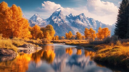 Fototapeta premium Golden autumn leaves frame a tranquil river reflecting the majestic Grand Teton mountains under a bright blue sky