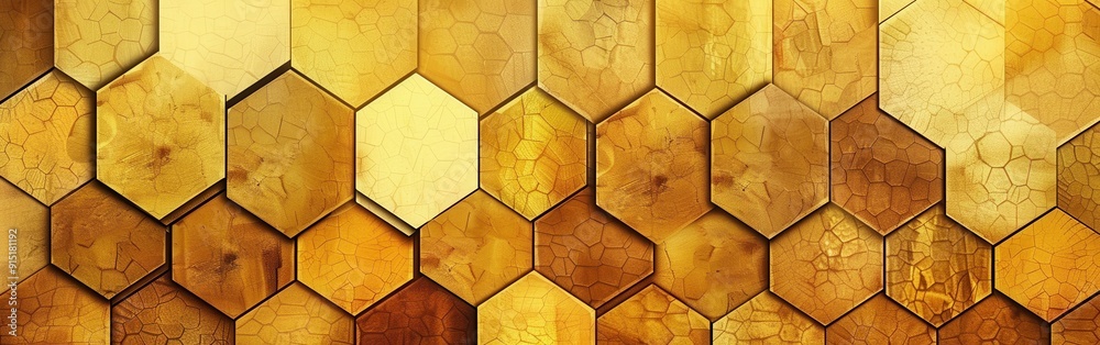 Poster a close-up view of a textured wall covered in golden hexagon-shaped tiles. the tiles have a distress
