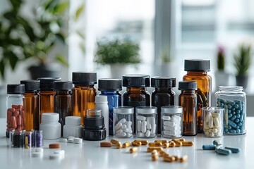A variety of medication bottles and pills are neatly arranged on a table, surrounded by greenery in a bright indoor setting