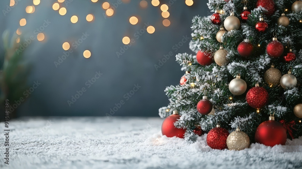 Poster A Christmas tree with red and gold decorations stands in a warmly lit room, creating a festive atmosphere surrounded by soft snow