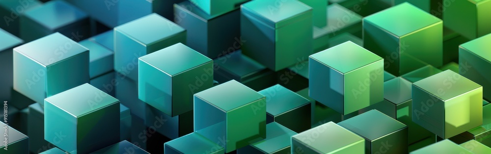 Leinwandbilder A close-up view of a digital rendering of a cluster of cubes, some green and some blue, arranged in a three-dimensional pattern. The cubes are shiny and reflective, suggesting a glossy surface. The pe