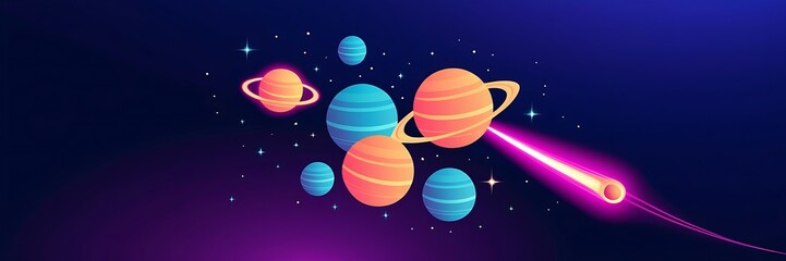 Abstract and colorful space illustration with planets, comet, rings, stars in purple, blue, pink, orange, and yellow. Suitable for astronomy designs.