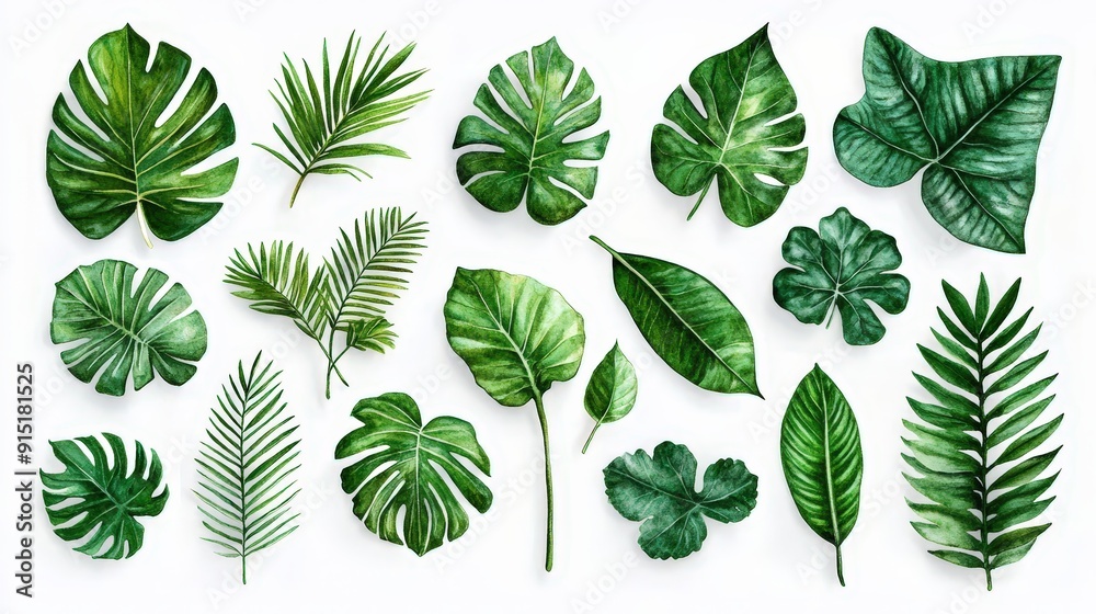 Aufkleber Various types of green leaves are displayed on a white background, showcasing their unique shapes and textures in a harmonious layout