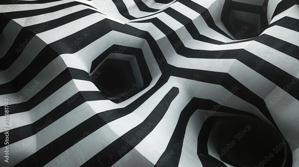 Poster A textured surface features alternating black and white stripes, creating a dynamic effect with hexagonal openings set against a well-lit background