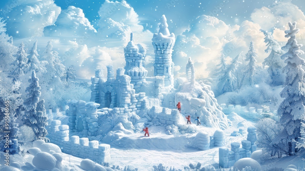 Poster a snowy winter scene with an ice castle in the foreground and several small figures walking around i
