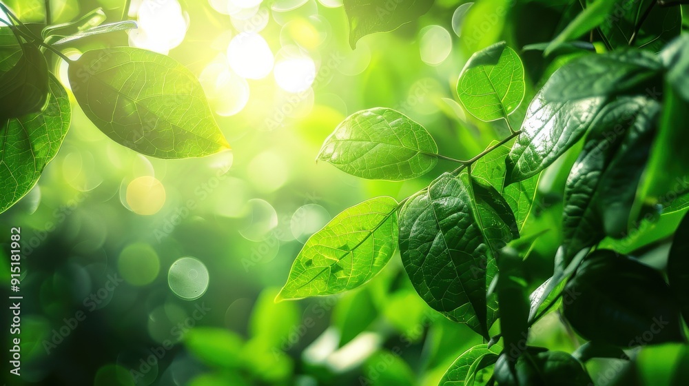 Poster sunlight shines through green leaves on a branch, casting a warm glow on the foliage. the image capt