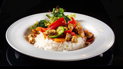 A white plate set of rice chicken and vibrant vegetables  set against a sleek black background