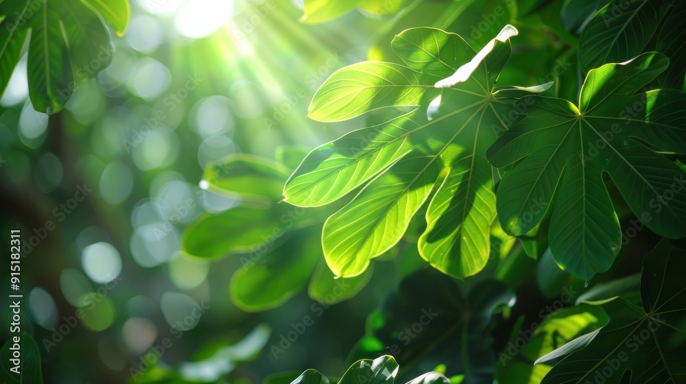 Poster sunlight streams through a canopy of large, green leaves, casting a dappled light on the forest floo