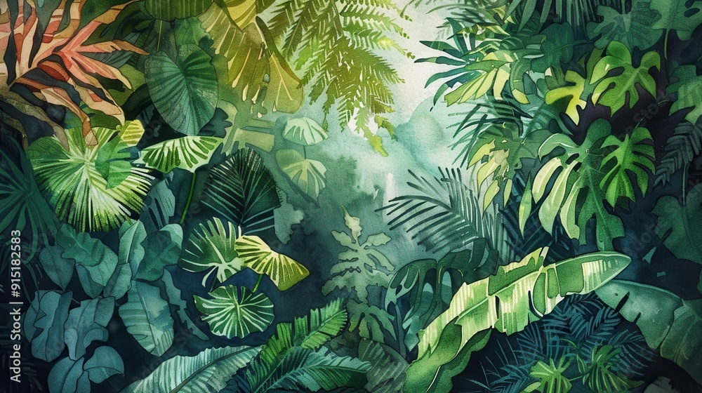 Wall mural a watercolor painting depicts a dense tropical rainforest, showcasing a variety of green foliage, in