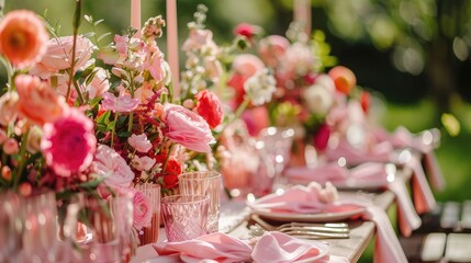 Pink-themed wedding table decor with flowers, napkins, glasses, candles, vintage cutlery for a bright summer setting