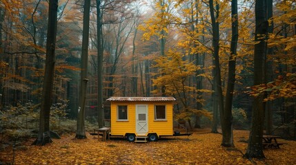 Obraz premium Yellow Cabin in Autumn Forest