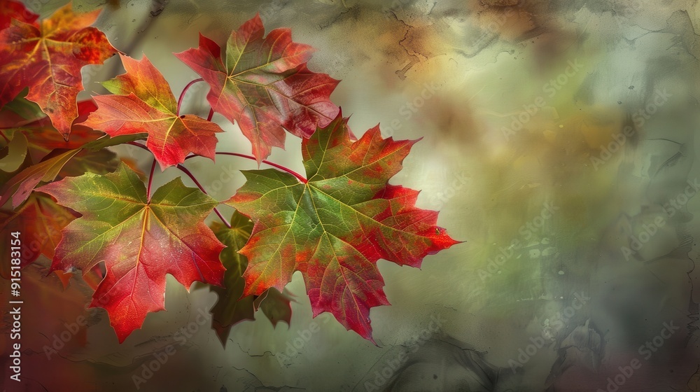Poster A close-up image of a maple branch with several leaves, showcasing the transition from green to red during the autumn season. The leaves are highlighted against a blurred background of soft green and 