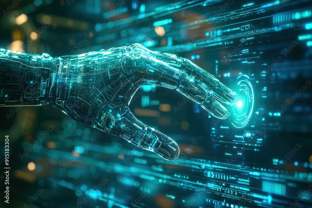 Poster a robotic hand reaches out to touch a luminous digital interface, showcasing advanced technology in 
