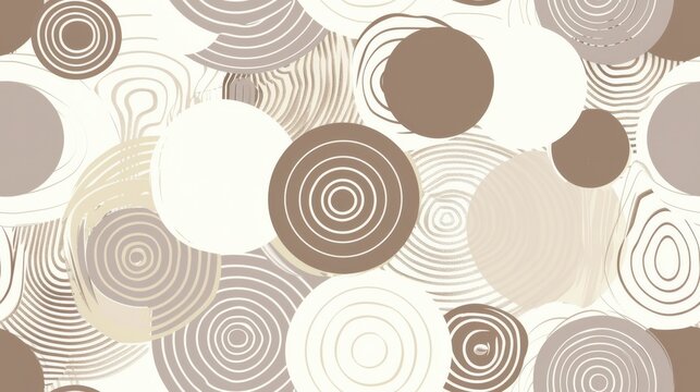 The image depicts a seamless pattern of overlapping circles in shades of beige, brown, and white. Some circles are solid, while others are filled with concentric rings, creating a dynamic and visually