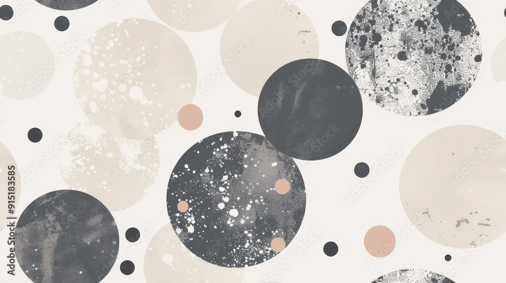 Poster a repeating pattern of various sized circles in shades of grey, beige, and pink on a white backgroun