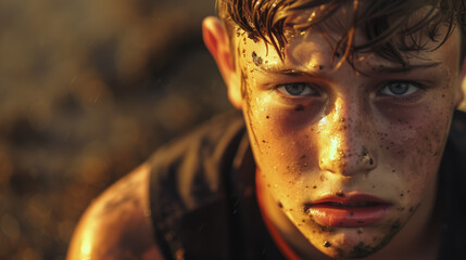 a 15-year-old boy soccer player on the field. tired, exhaused, sweating. Close up. dramatic high intesity. cinematic. gritty.