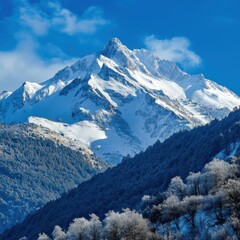 Obraz premium Snow-covered mountain peaks rise majestically above the lush valley, showcasing the beauty of the Pyrenees in winter