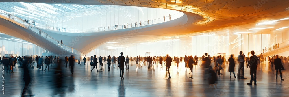 Poster crowds of people move through a beautifully designed modern space illuminated by warm evening light,
