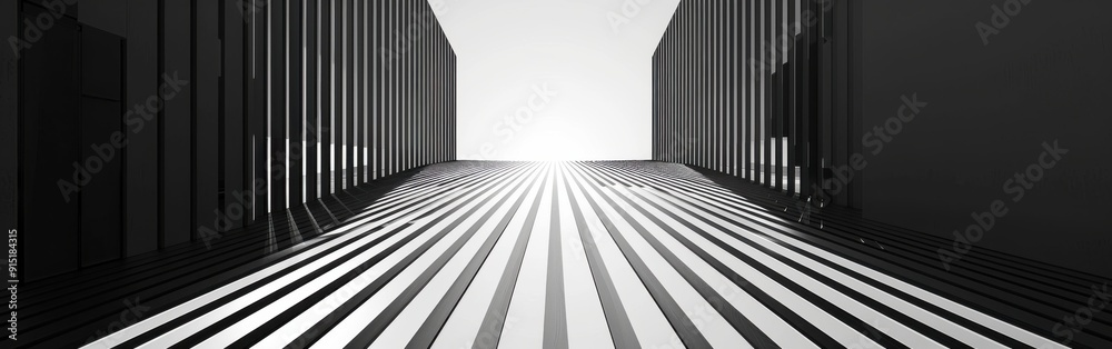 Poster a black and white photograph captures a perspective of a pathway made up of alternating black and wh