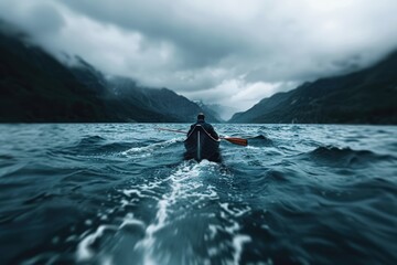 A solitary person rows a boat across a serene lake surrounded by majestic mountains under a cloudy sky, conveying a sense of peace and isolation.